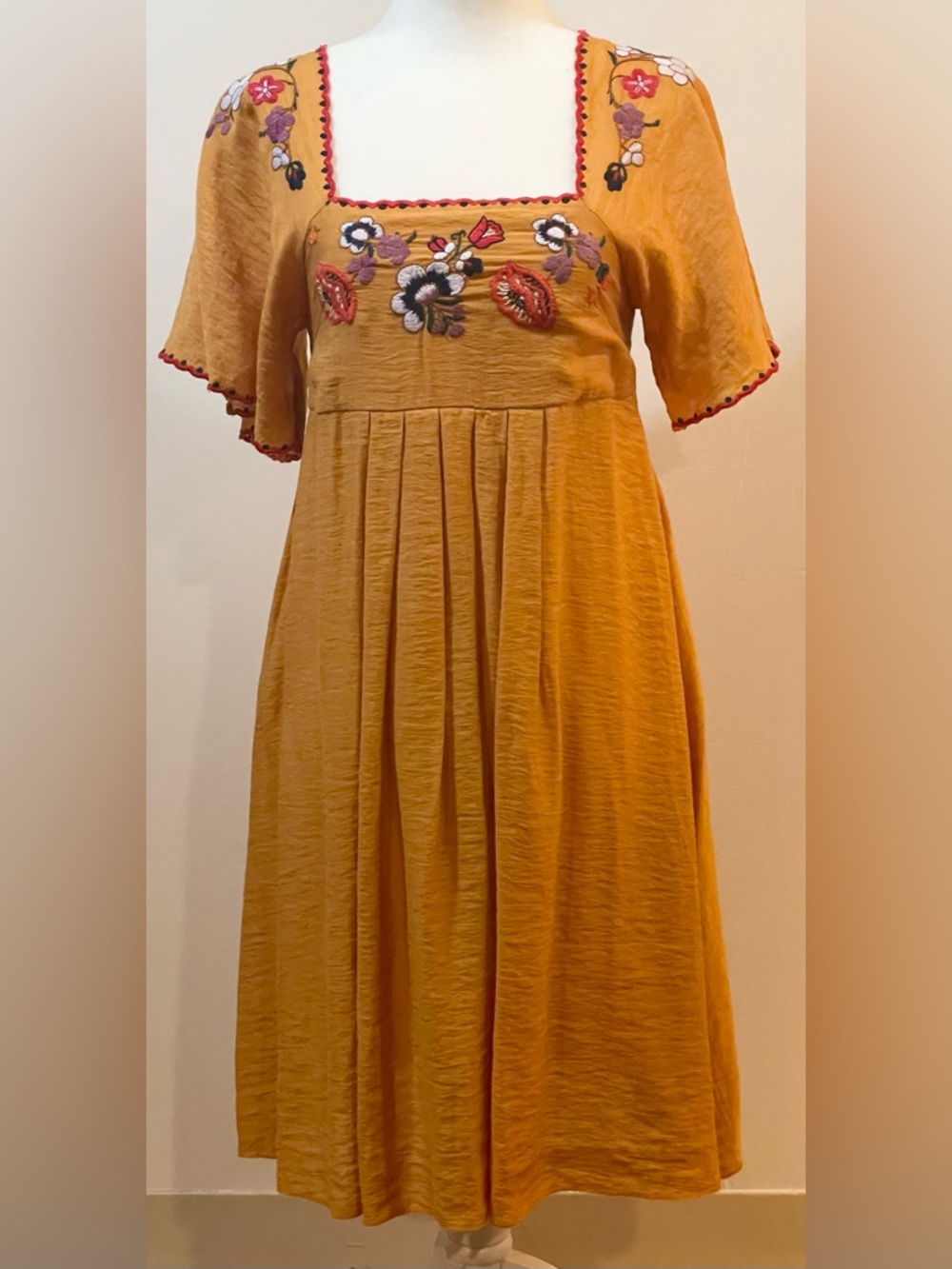Madewell Mustard Embroidered Neckline Dress